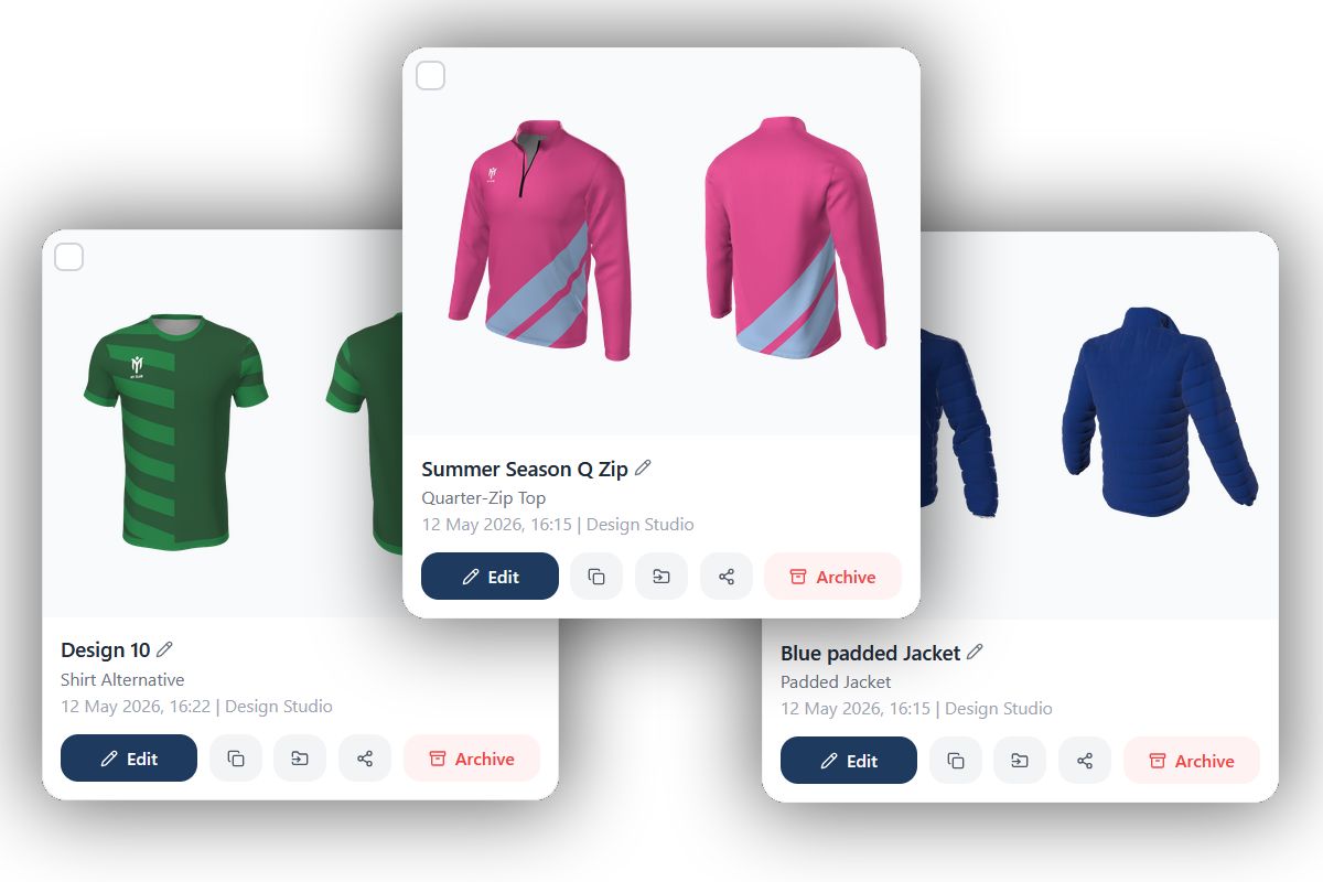 A digital interface displays cards for custom sportswear designs, including a green shirt, a pink and grey quarter-zip top, and a blue padded jacket, each with options to edit, archive, or view more details.