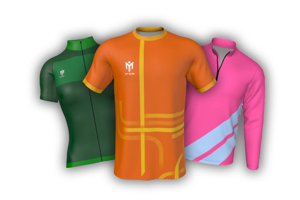 Three sports jerseys are displayed: a green fitted cycling jersey on the left, an orange short-sleeve shirt with yellow lines in the centre, and a pink long-sleeve top with diagonal white stripes on the right.