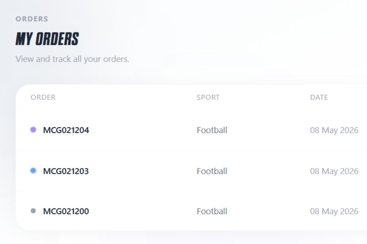 A digital order summary showing three football orders with codes MCG021204, MCG021203, and MCG021200, all dated 08 May 2026, under the heading MY ORDERS.