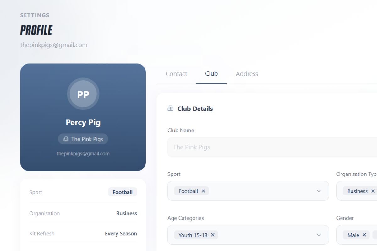 Profile settings page for Percy Pig at The Pink Pigs club, showing contact, club, and address tabs. Club details include sport (Football), organisation type (Business), and age and gender categories.