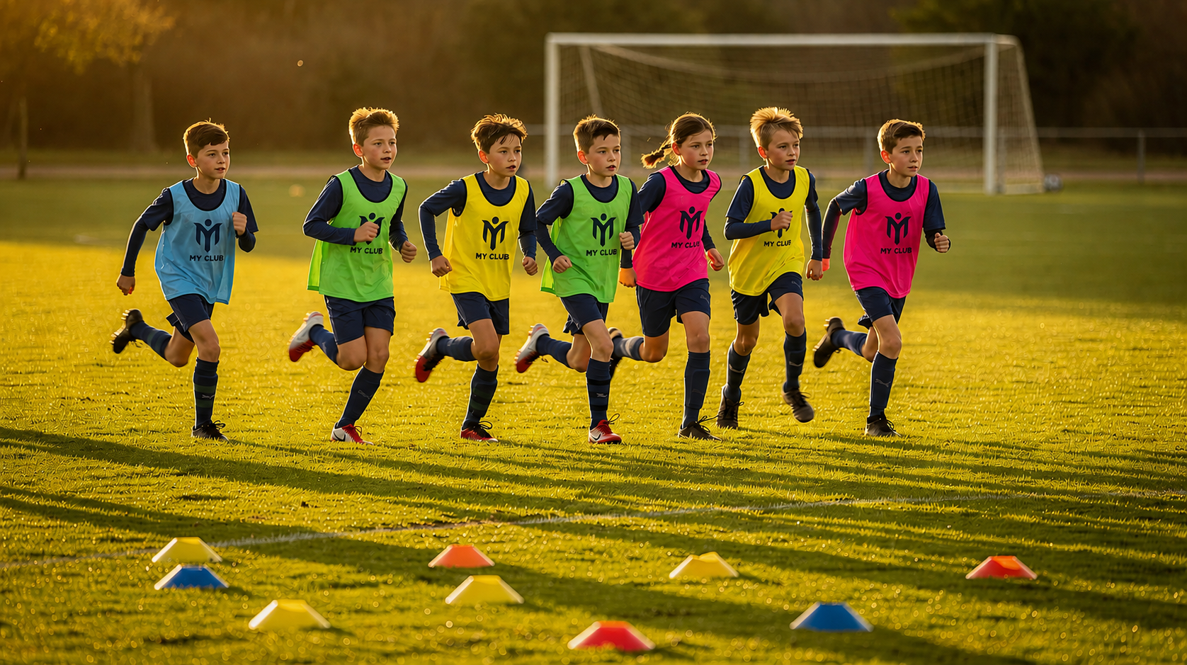 Un gruppo di giovani giocatori corre insieme su un campo d'erba durante un allenamento, mostrando il lavoro di squadra e l'importanza degli sport comunitari nel promuovere la fiducia in se stessi e la sana competizione tra i giovani. La scena evidenzia la vibrante energia dei ragazzi che partecipano all'atletica, contribuendo al loro sviluppo e al loro senso di appartenenza.