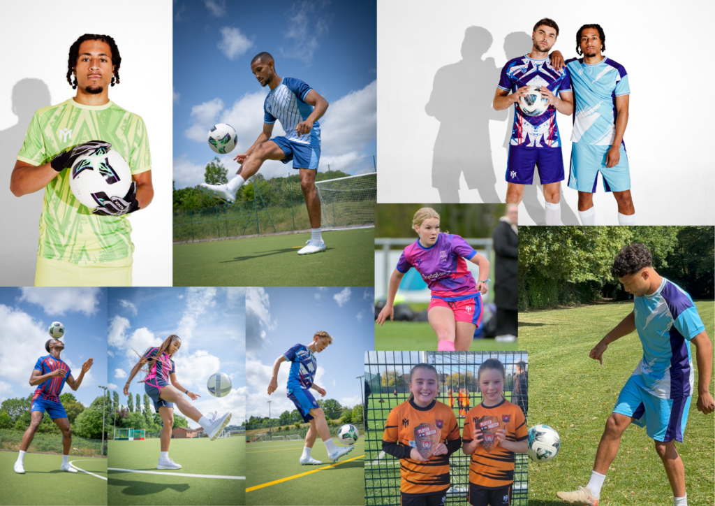 Eine Collage aus Fußballtrikots in verschiedenen Farbkombinationen: neongrün, blaue Streifen, lila und himmelblau, weinrot und rosa, orange sowie türkis mit lila