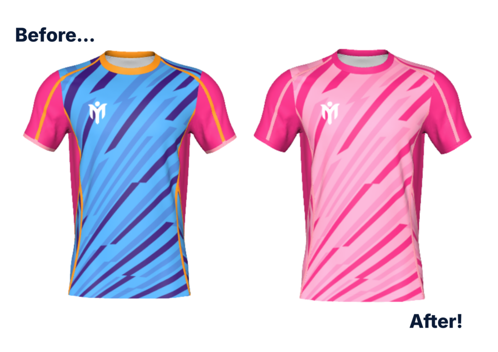 Vorher und nachher: Ein überladenes Design in Blau, Lila, Rosa und Gold, vereinfacht zu einem klaren zweifarbigen Rosa-Design