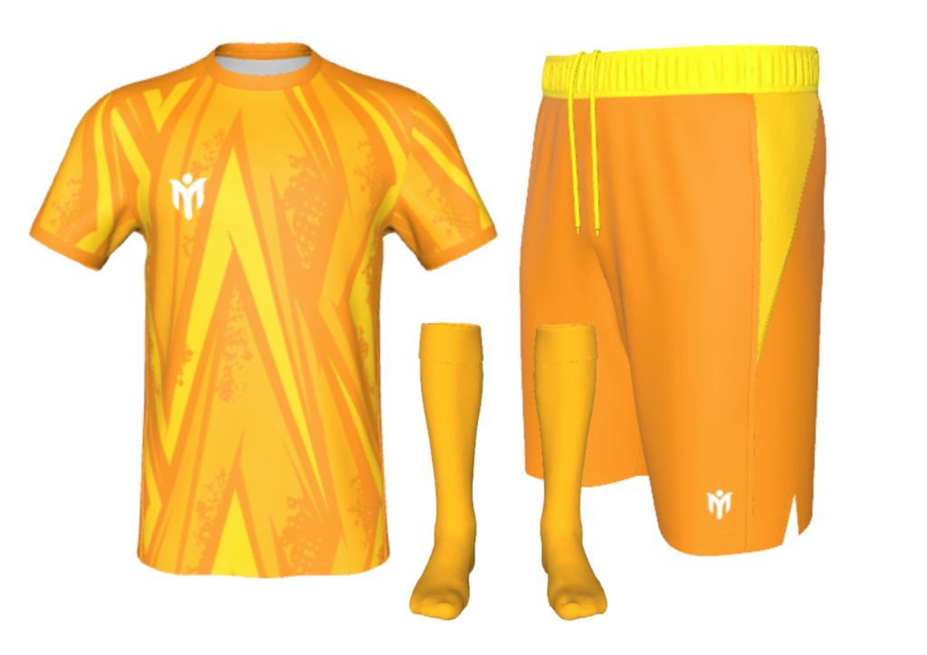 Torwart-Outfit in Orange und Gelb, bestehend aus Trikot, Shorts und Stutzen, die als aufeinander abgestimmtes Set gestaltet sind