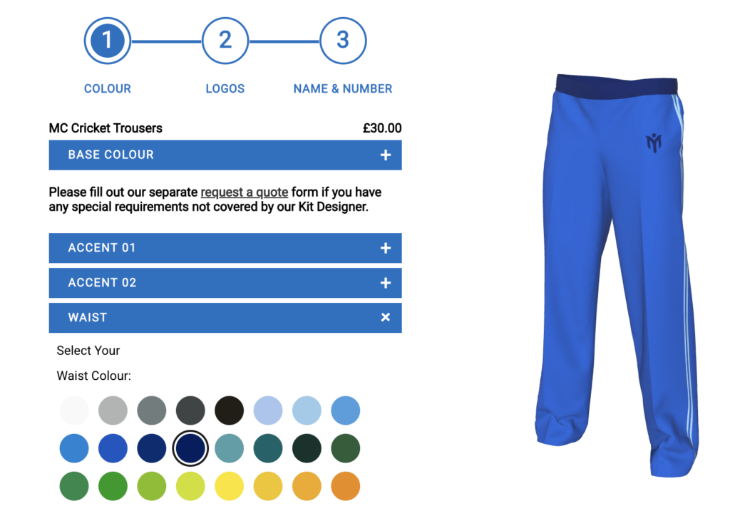 Der „Kit Builder“ von My Club Group zeigt ein dreistufiges Konfigurations-Tool für Cricket-Hosen mit Farbmusterkarten und einer Live-Vorschau einer blauen Hose mit weißen Seitenstreifen