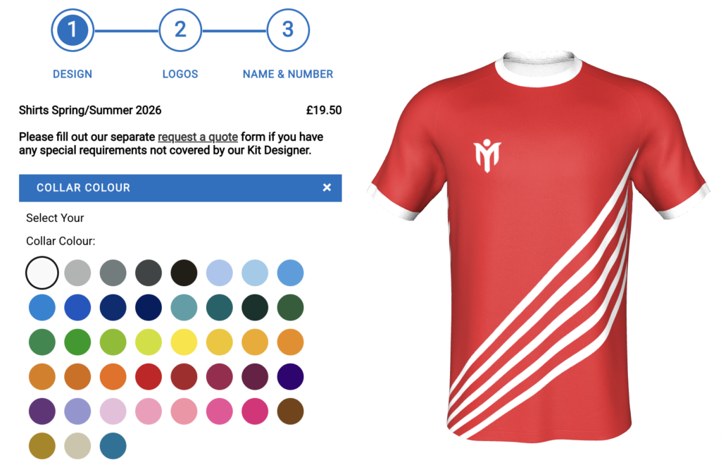 Rotes Fußballtrikot mit weißen Diagonalstreifen, dargestellt in einem Tool zur Trikotgestaltung, mit angezeigten Optionen für die Kragenfarbe