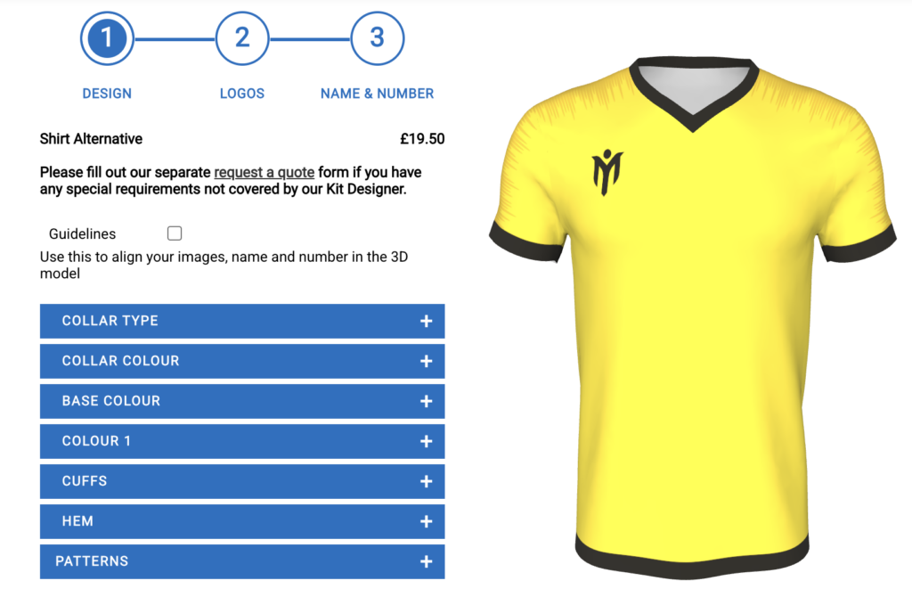 Neongelbes Fußballtrikot mit schwarzer Einfassung, dargestellt in einem 3D-Trikot-Designer-Tool, zum Preis von 19,50 £