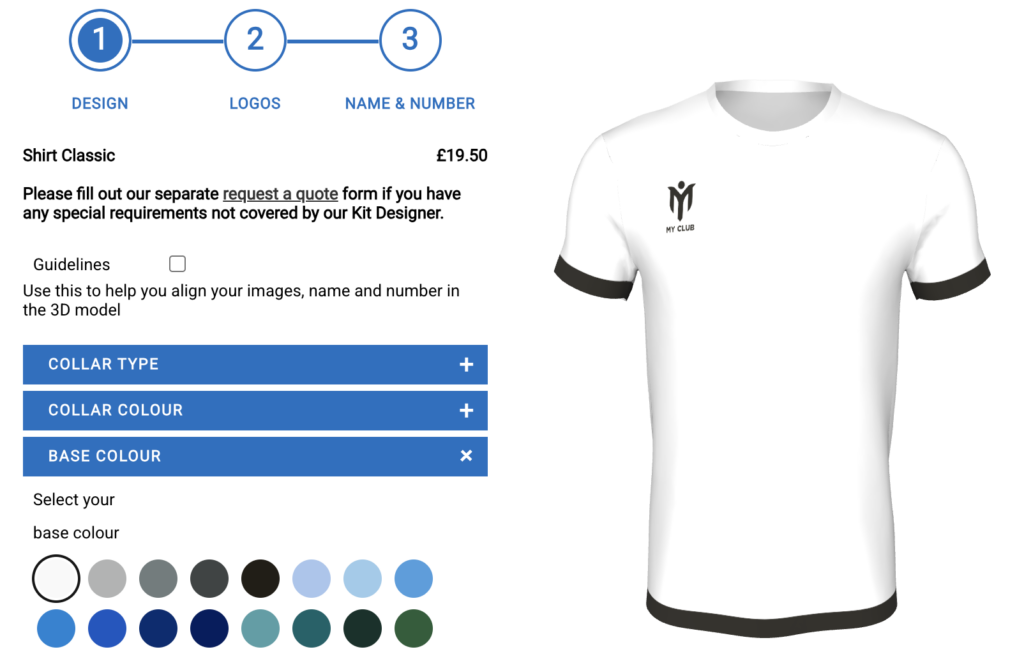Ein weißes klassisches Fußballtrikot mit dunklen Verzierungen, dargestellt in einem 3-stufigen Trikot-Designer-Tool mit Optionen für Grundfarbe, Kragenform und Kragenfarbe