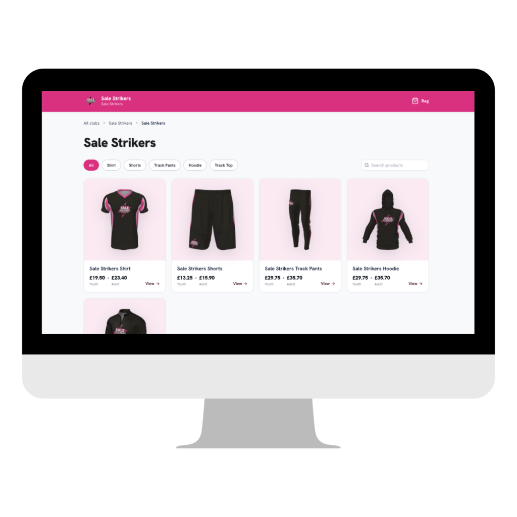Ejemplo de tienda del club «Strikers» en venta, donde se pueden ver y comprar online artículos de la equipación, como camisetas, pantalones cortos, pantalones de chándal y sudaderas con capucha.