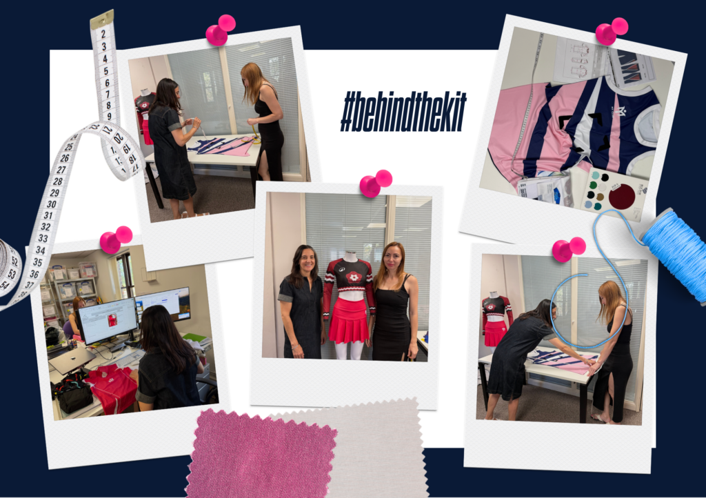 Maribel and Natalia measuring garment panels, reviewing designs at a workstation, and posing together beside a finished kit on a mannequin - #behindthekit