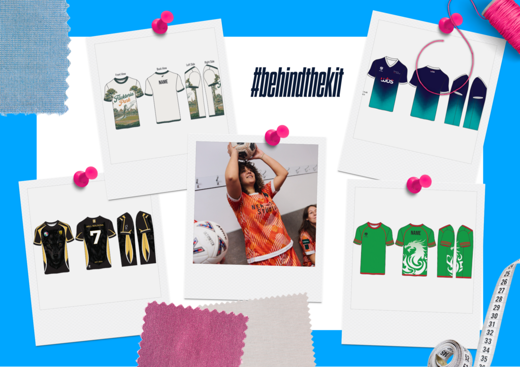 #behindthekit mood board showing custom kit designs for four clubs alongside a player holding a football above her head in an orange match shirt