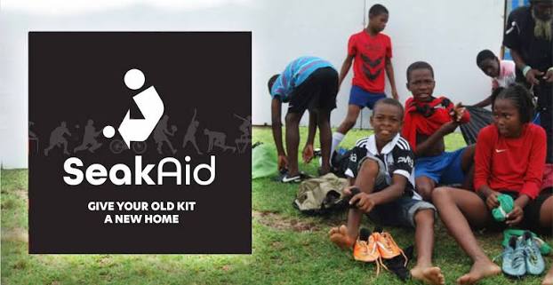 SeakAid logo with tagline "Give your old kit a new home" alongside young people in sports kit sitting outdoors